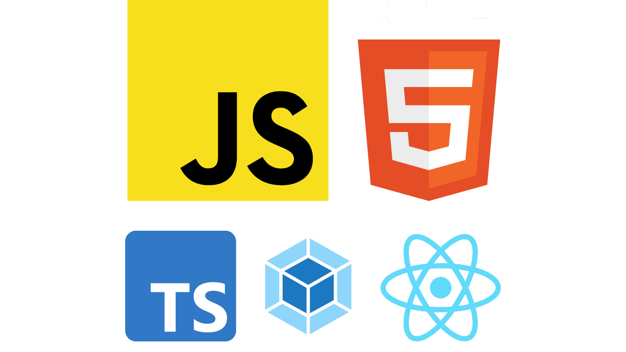 The logos for JavaScript, HTML, TypeScript, webpack and React.