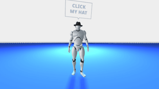 An avatar, wearing a hat, beneath a chat bubble containing the words "Click my hat"