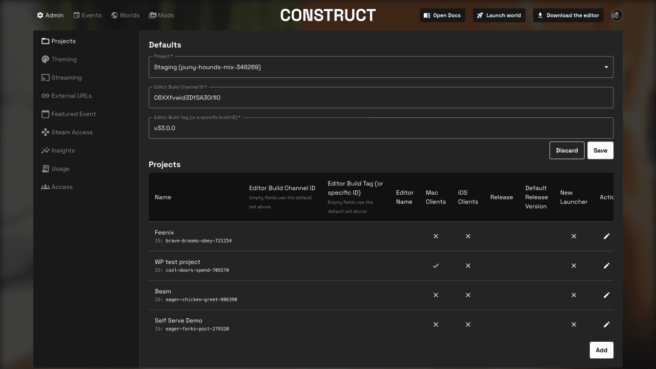 Screenshot of the Construct Dashboard