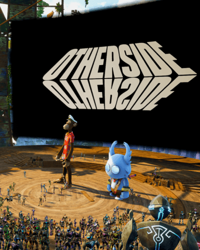 A screenshot of an Otherside metaverse event showing many players gathered around a large bored ape avatar, with a giant screen behind the avatar.